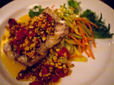 grilled snapper with avocado risotto, roasted corn, bruschetta tomato