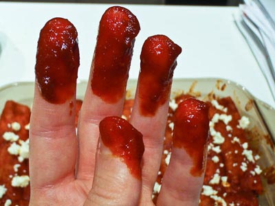 Red Chile Sauce soaked fingers