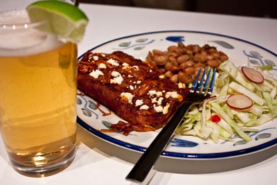 Red Chile Enchiladas, Pinto Beans, and Beer